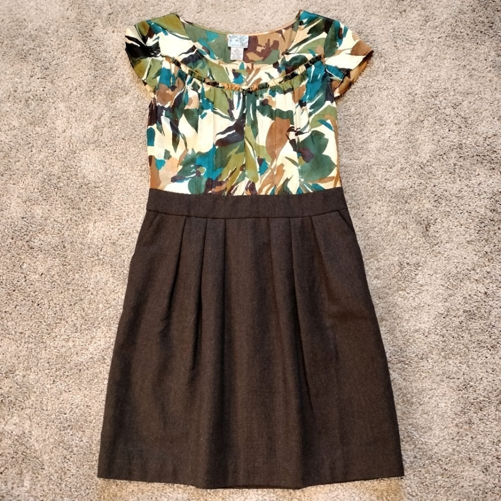 Anthropologie Tabitha Silk And Wool Blend Floral Dress w/ Flutter Sleeves Sz 12